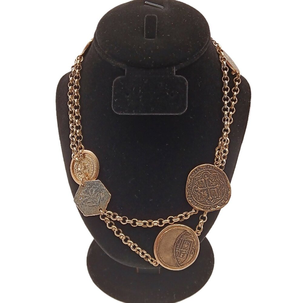 Chico’s Rolo-Link Coin Chain Necklace 41” Gold Tone Rhinestone Boho Costume